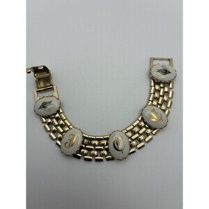 Vintage Gold Tone Porcelain Monogram Bracelet Victorian Revival Multi Strand